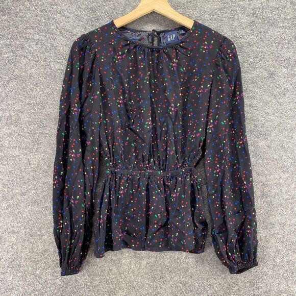 Gap Blouse Women S Small Black Geometric Elastic Waist Rounnd Neck Long Sleeve - Picture 1 of 10